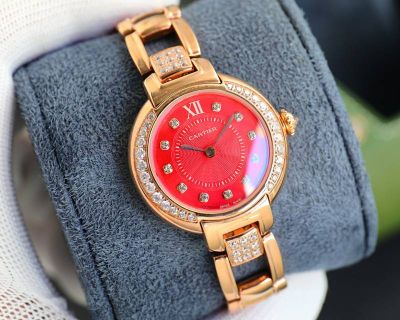 Cartier 30*7.5MM Red Dial Diamond Bezel Women Red Cartier Watch